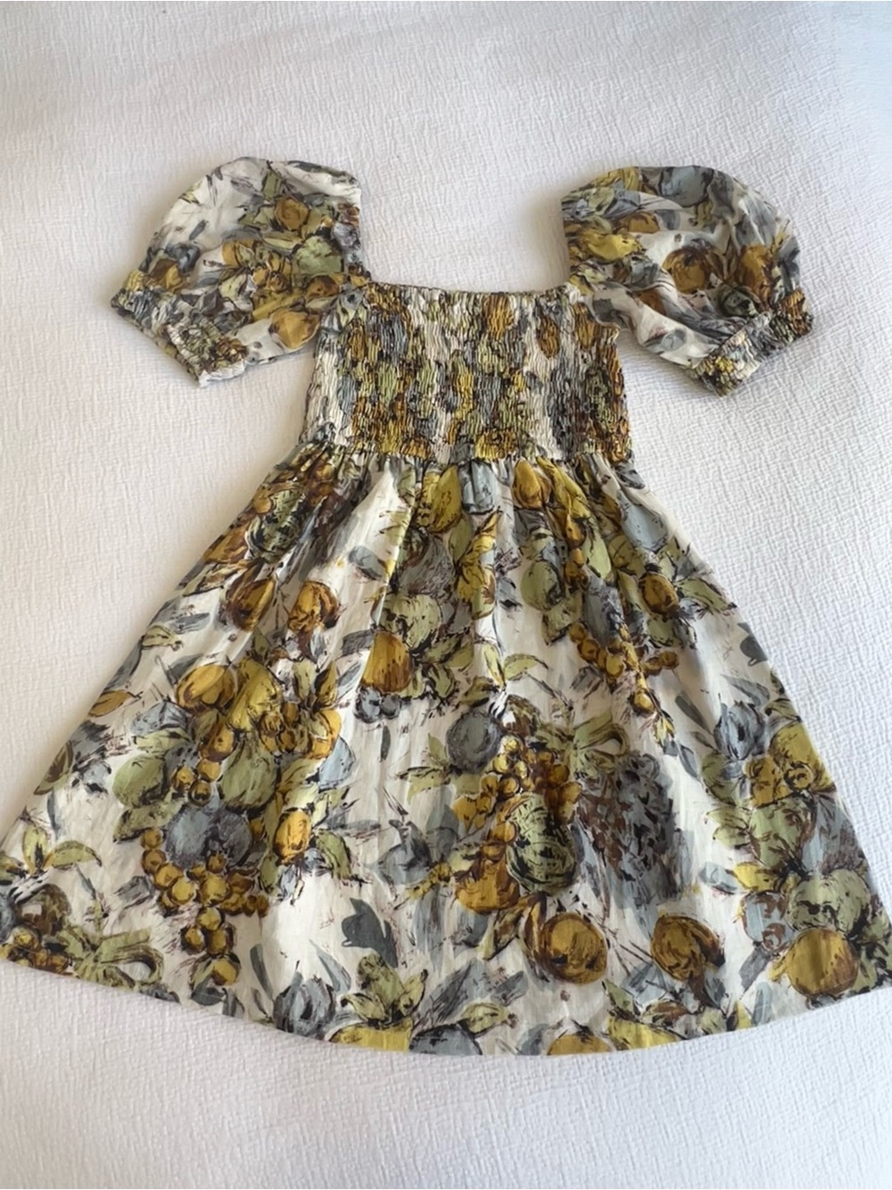 POSSE Linen Puff Sleeve Babydoll Mini Dress Small Fruit Print